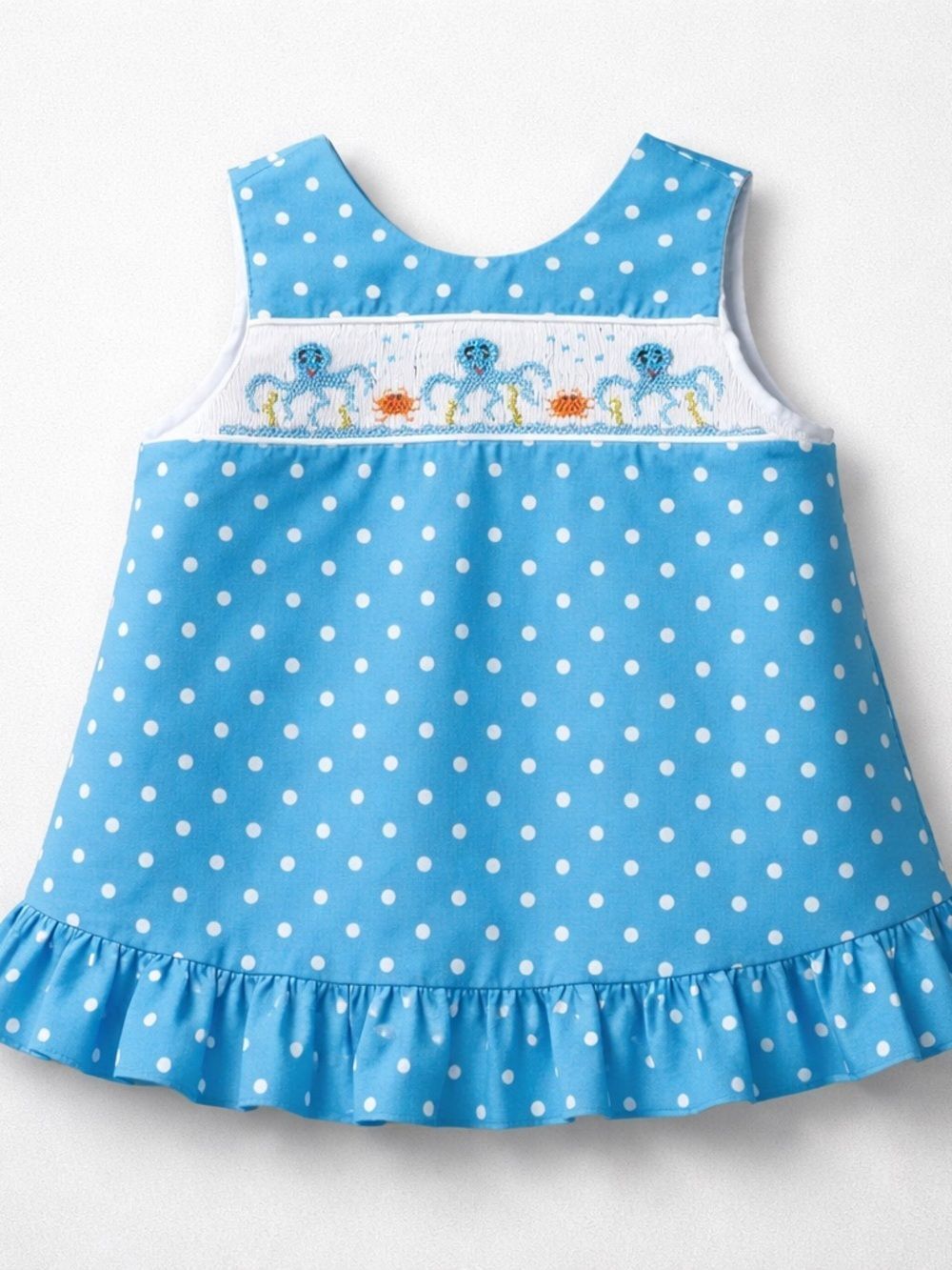 The Bailey Boys blue and white polkadot smocked swing back dress with octopus